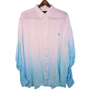 Ralph Lauren Mens 3XB Big Linen Ombre Button Down Shirt Blue White